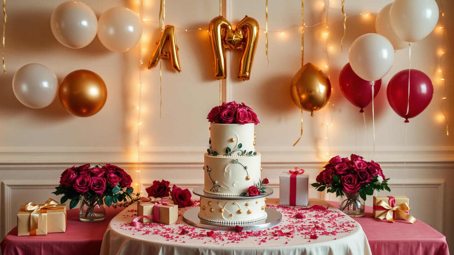 Celebration table with a designer cake, roses and gifts